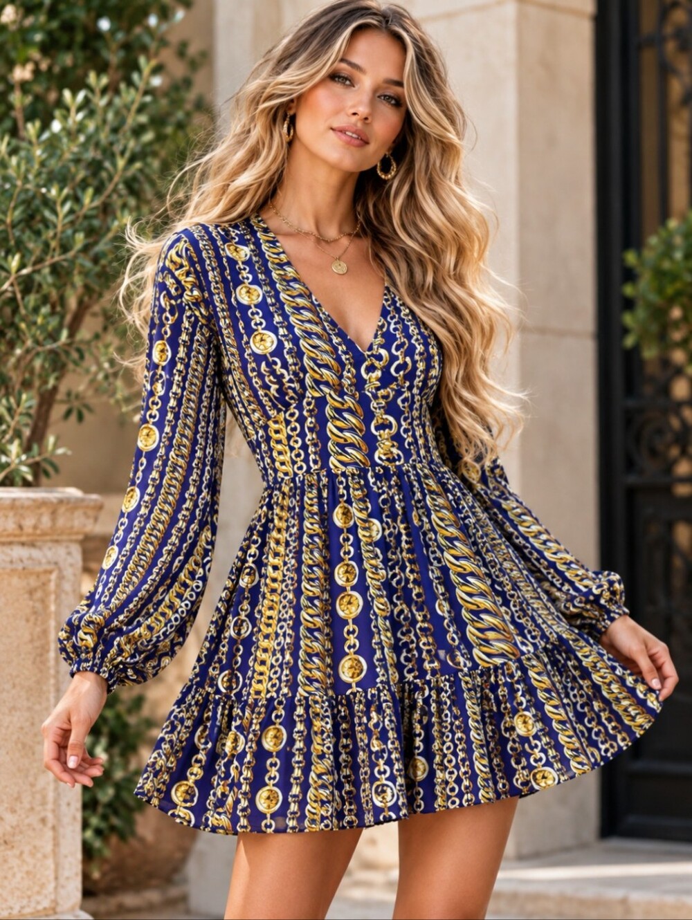 New Whimsigoth Fairycore Dress Woven Eggplant Purple Gold Chain Print NWT Sz 10